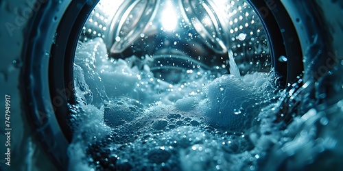 Close-Up Shot of Water Flowing from Washing Machine, Ideal for Household Chore Themes. Concept Household Chores, Washing Machine, Water Flow, Close-Up Shot, Home Appliance