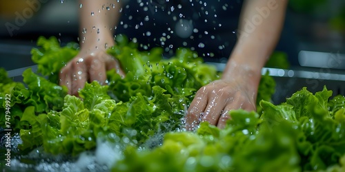 Womans hands carefully washing lettuce at kitchen sink for fresh salad prep. Concept Food preparation, Healthy cooking, Fresh ingredients, Salad making, Kitchen activities