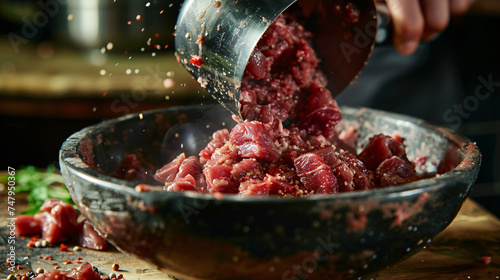 Raw meat being ground into bowl