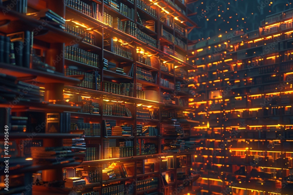 Illuminated Bookshelves A Glowing Display of Knowledge Generative AI