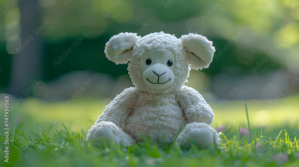 A lamb plush toy, with lush green grass as the background, during a joyful family gathering