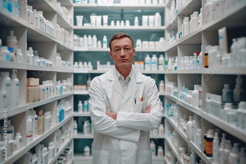 Pharmacist man in the pharmacy aisle, full of medications
