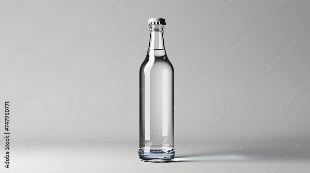 Liquid inside the transparent glass bottle mockup on a isolated light grey background, space for text. Liquid inside the transparent glass bottle mockup on a isolated light grey background, space for text.
