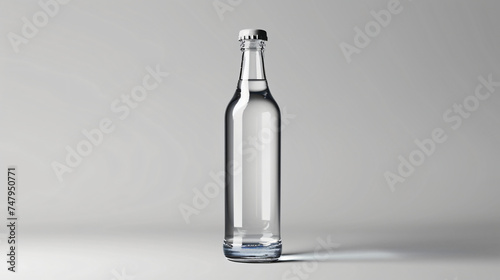 Liquid inside the transparent glass bottle mockup on a isolated light grey background, space for text. 