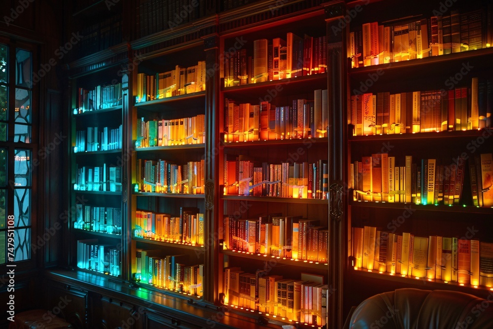 Neon Bookshelf A Glowing Reading Nook for the Modern Reader Generative AI