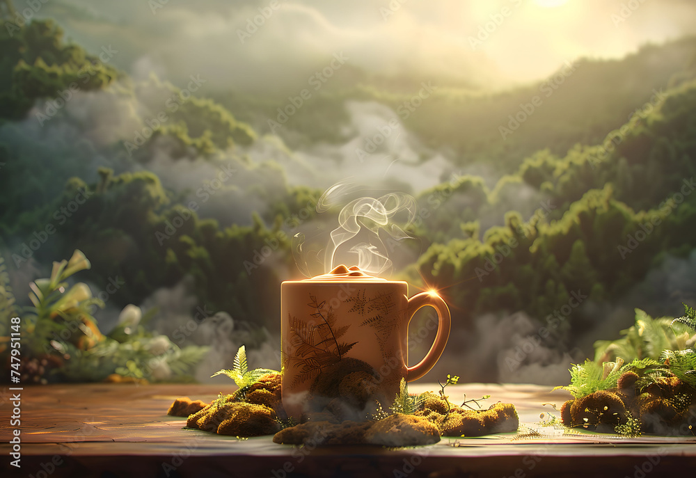 image of a coffee cup in the style of surreal 3d landscapes, the sun's rays are shining on it, detail, lightbox, fog, realistic detail - obrazy, fototapety, plakaty 