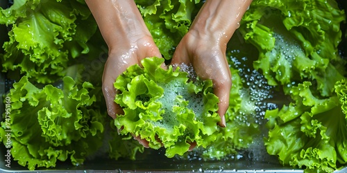 Preparing a Fresh Salad: Woman's Hands Washing Lettuce at Kitchen Sink. Concept Cooking, Salad Preparation, Fresh Ingredients, Healthy Eating, Kitchen Techniques