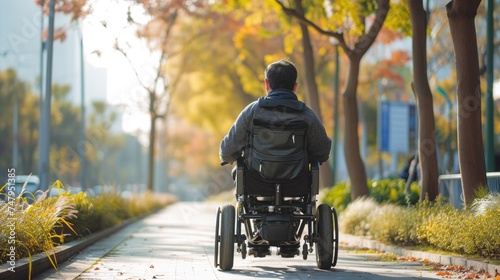 Handicapped or old adult man navigates a sidewalk in an electronic wheelchair, city lights in the backdrop Quality of life and impairment concept. photo