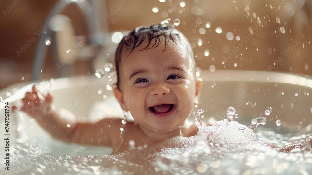 Bath time giggles, A playful scene of a newborn enjoying a warm bath, splashing softly and smiling brightly, generative AI, background image