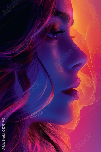 Dreamscape portrait of beautiful girl in the style of vibrant, neon colors on smokey background. Close up. Colorful gradients. Poster and cover digital art