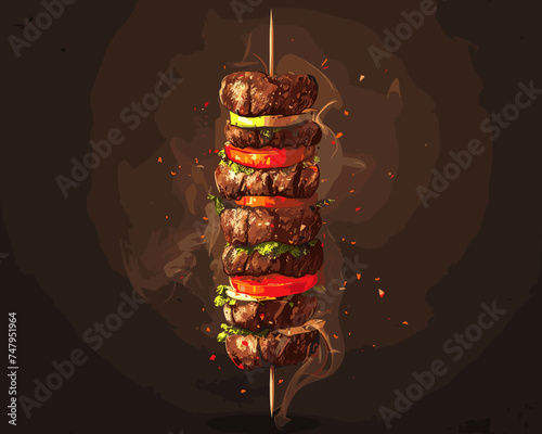 Appetizing meat kebab on a dark background, vector illustration shashlik, skewer