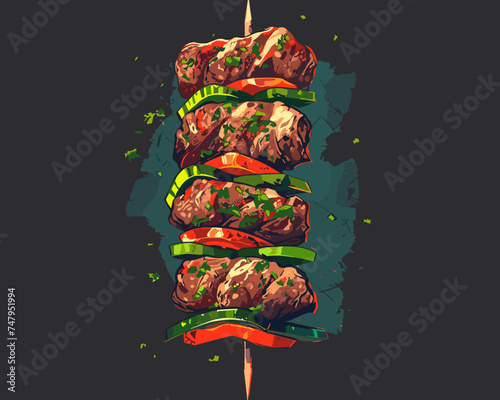 Appetizing meat kebab on a dark background, vector illustration shashlik, skewer