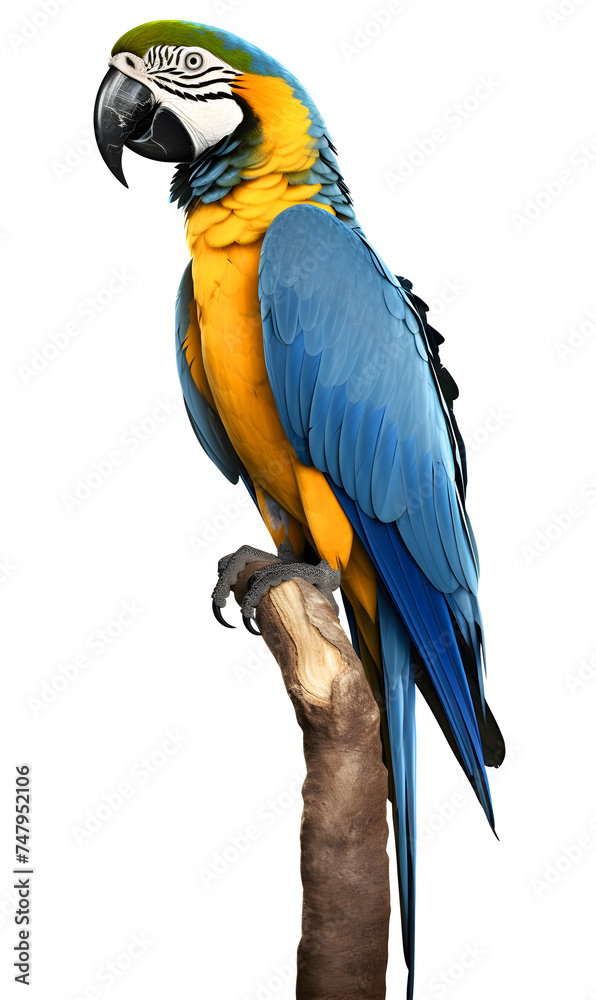 A picture with a blue-and-yellow macaw. Tropical colorful bird.
