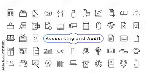 Accounting and audit icon set. Taxes and accounting line icons collection. Check and audit line icons collection.