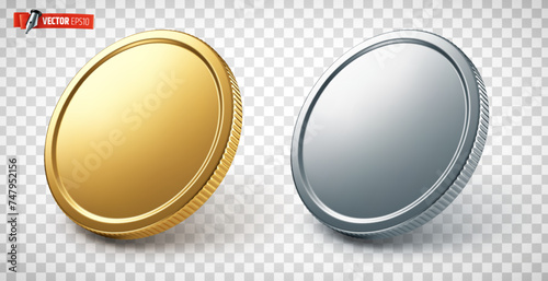 Vector realistic illustration of gold and silver coins on a transparent background. photo