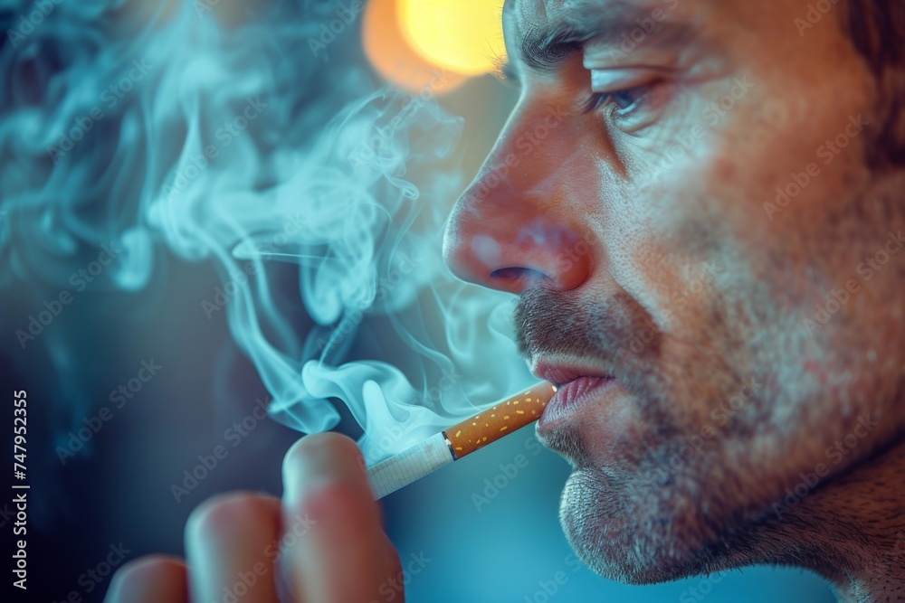 Fototapeta premium Man with cigarette in mouth exhaling smoke through nostrils, portraying a cool and rebellious attitude