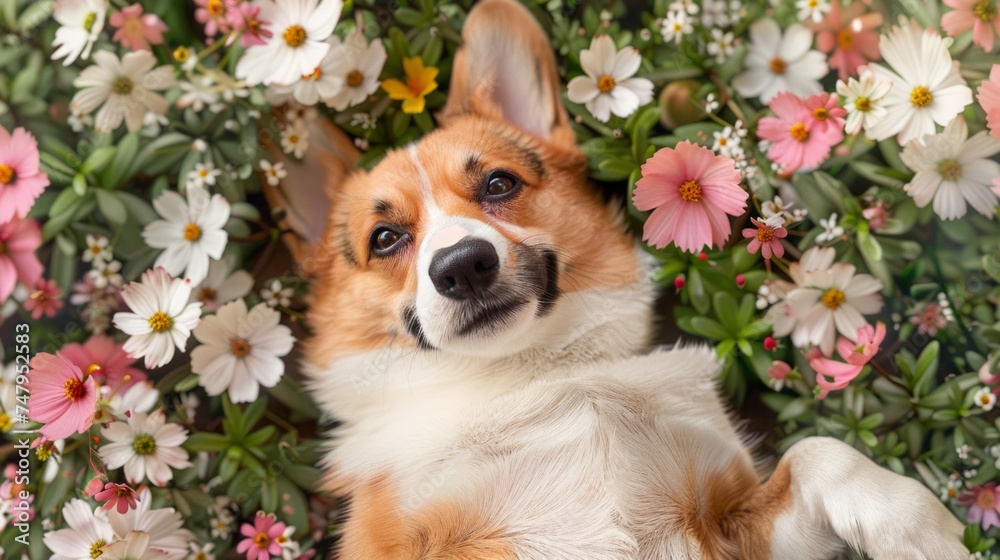 Top view portrait of cute dog laying down on flowers background Top view portrait of cute dog laying down on flowers background