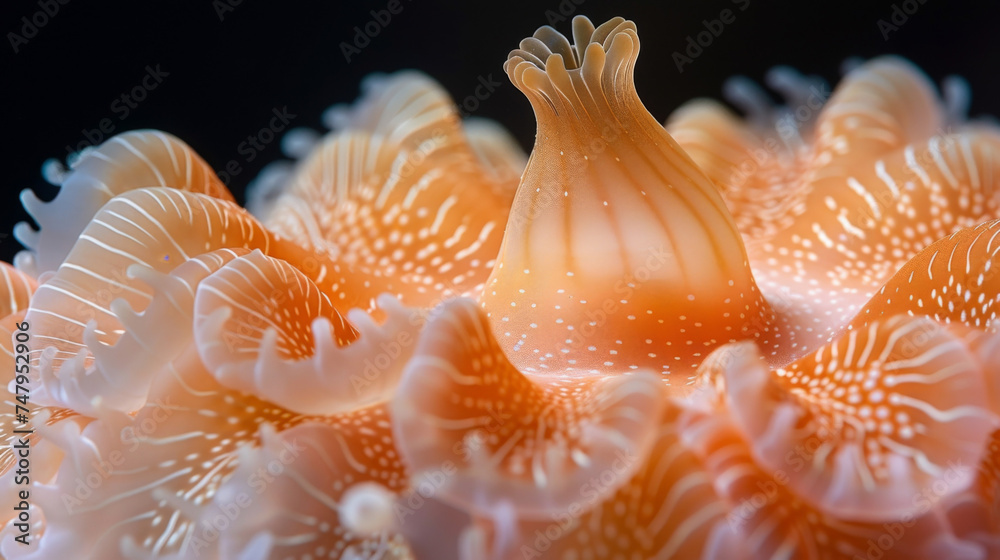The intricate texture of a sea anemone with pulsating tentacles that sway with the oceans currents below the surface.