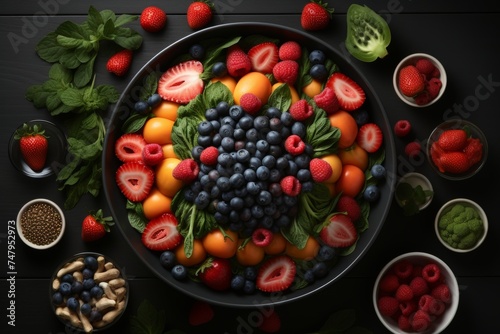 Fototapeta Naklejka Na Ścianę i Meble -  Close-up of a human brain made of fruits and vegetables on a wooden board and a black table