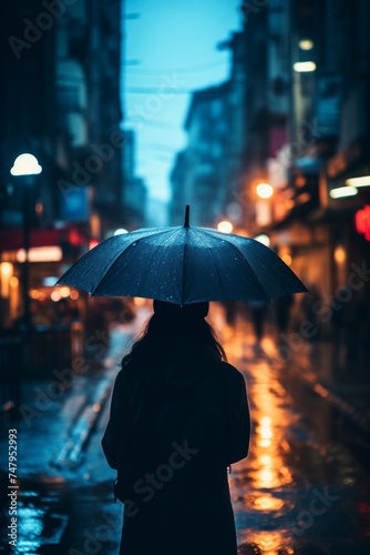 Young woman walking in the rain holding an umbrella, rear view portrait of a girl in the rain storm.