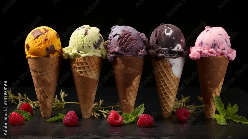 Assorted gourmet italian sorbet ice cream in individual paper cups, top view for concept backgrounds