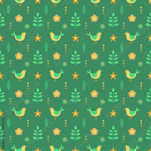 Bird seamless pattern design, Simple brush lines hand drawn, Yellow birds, leaves and flowers on green background. Modern vector illustration for textile, fabric, wrapping paper and print.