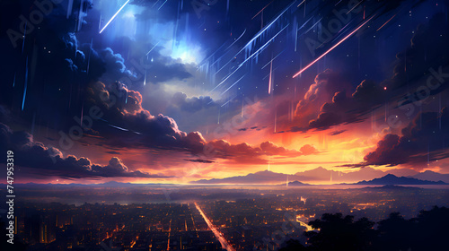 Fantasy night sky with clouds and cityscape. 3D rendering