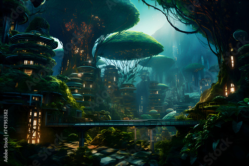 Fantasy landscape with fantasy trees. 3D illustration. Fantasy world.