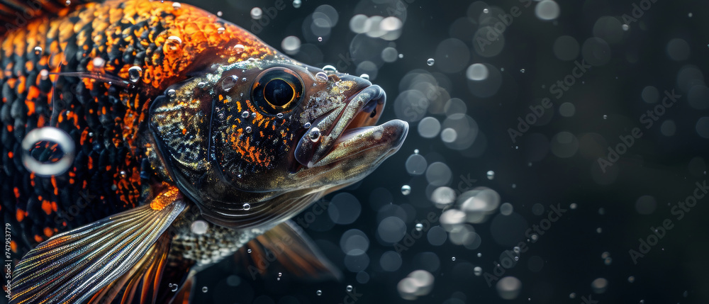 Close-up of a fish under water shimmering scales - obrazy, fototapety, plakaty 