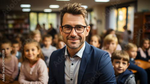 Portrait Of Male Elementary School Teacher Standing In Classroom