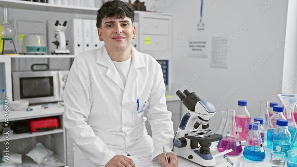 Delighted young scientist enjoys success in lab, a confident man with a bright, toothsome smile Delighted young scientist enjoys success in lab, a confident man with a bright, toothsome smile