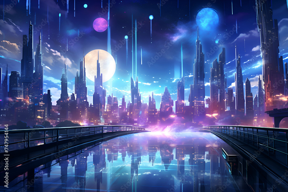 Futuristic city at night with neon light and full moon.