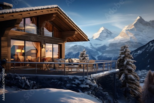 A traditional Swiss chalet surrounded by snow-covered mountains  exuding a cozy and idyllic charm. 