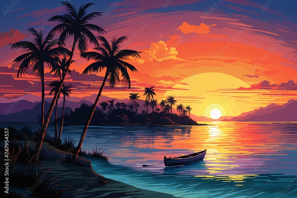 a sunset over a body of water with a boat and palm trees