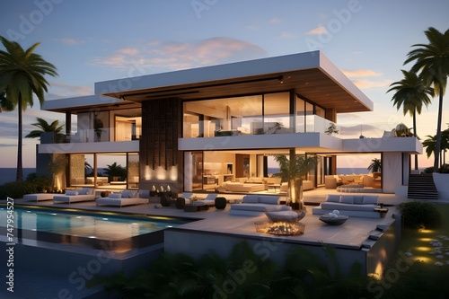 A modern beachfront mansion with expansive glass walls, seamlessly blending indoor and outdoor living spaces.