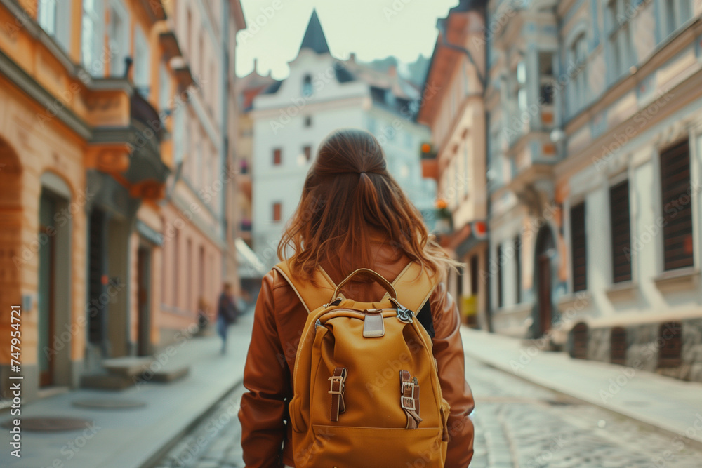 Girl with backpack walking on cobblestone street. travel concept. vacations