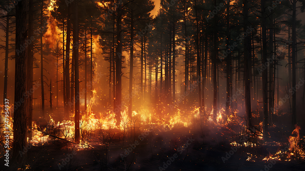Forest fire in a pine forest at sunset. Burning pine trunks. - obrazy, fototapety, plakaty 