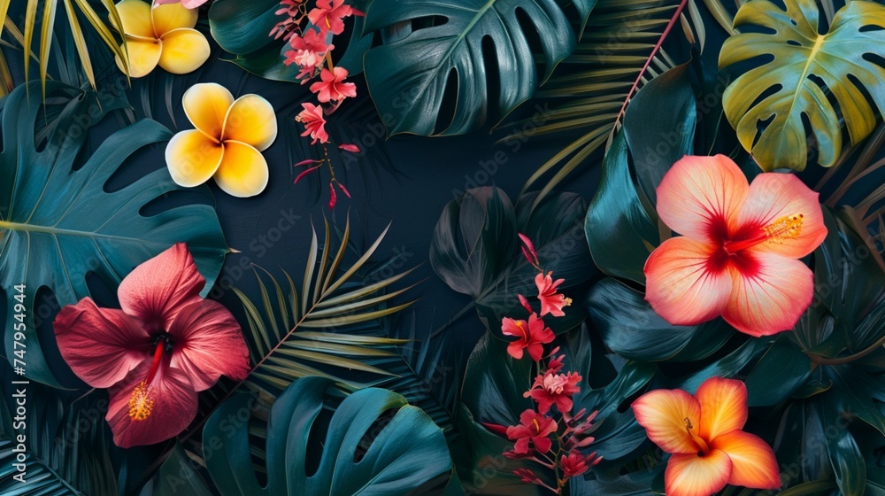 Exotic palm leaves and tropical blooms intertwining to create a lush paradise on the textile canvas.