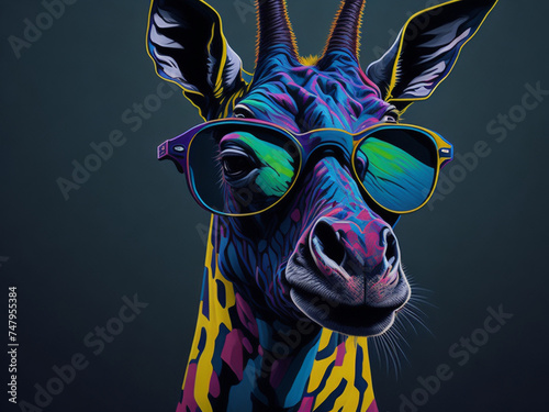 giraffe in sunglasses, art summer animal illustration generative ai.