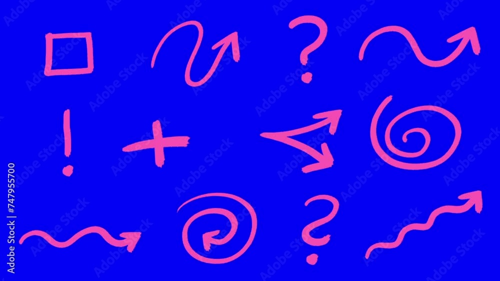 Arrows set version 3 animated hand drawn pink on bluebox. Slow animation. Arrow cartoon irregular shape. Good for any video material. Motion graphic explainer. Arrows set version 3 animated hand drawn pink on bluebox. Slow animation. Arrow cartoon irregular shape. Good for any video material. Motion graphic explainer.