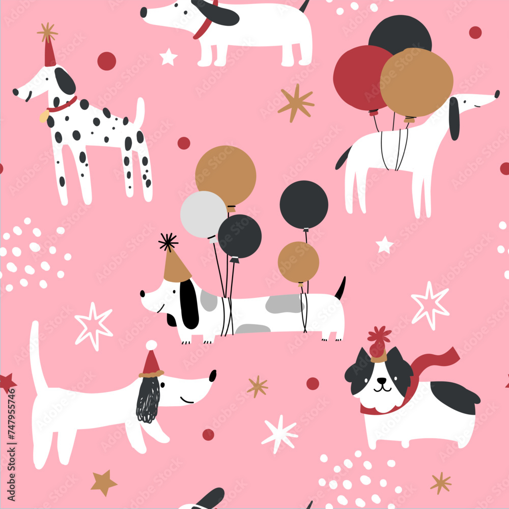Pink dalmatian terrier flying balloon puppy dog seamless pattern for childish kid greeting congratulations pet wrapping paper. Pink dalmatian terrier flying balloon puppy dog seamless pattern for childish kid greeting congratulations pet wrapping paper.
