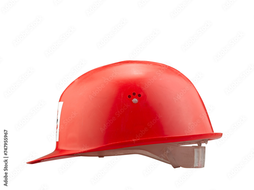 Fototapeta premium Red plastic safety fire helmet on white background