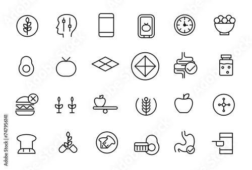 Food & Nutrition line icons related to wellness, wellbeing, mental health, healthcare, cosmetics, spa, medical. Outline icon collection.