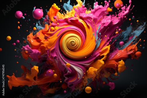 geometric three-dimensional background of golden spirals splattered with multicolored paints