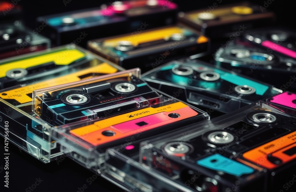 Old audio tape compact cassette on black background Old audio tape compact cassette on black background