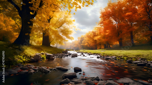Autumn landscape with colorful trees and river. Colorful autumn forest