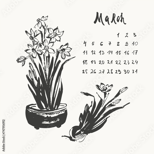 March month calendar page with hand drawn ink daffodil narcissus flowers asian style