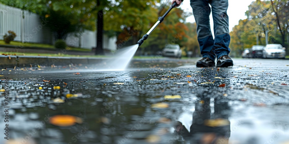 Man pressure washing the driveway on a sunny day. Concept Home Maintenance, Cleaning, DIY Projects, Outdoor Activities, Pressure Washing - obrazy, fototapety, plakaty 
