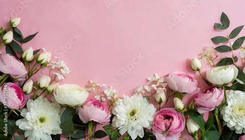 Beautiful flowers and leaves on pink background copy space. Floral border, Nature and summer plants © happyjack29