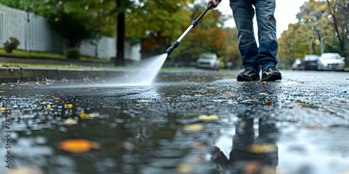 Man pressure washing the driveway on a sunny day. Concept Home Maintenance, Cleaning, DIY Projects, Outdoor Activities, Pressure Washing